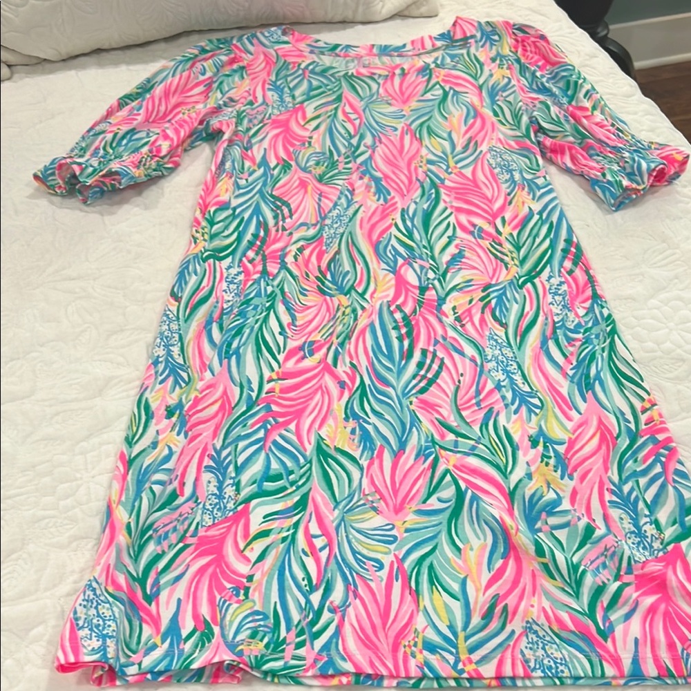 Lilly Pulitzer Pink and Green Leaf Dress, size large. Worn one time.